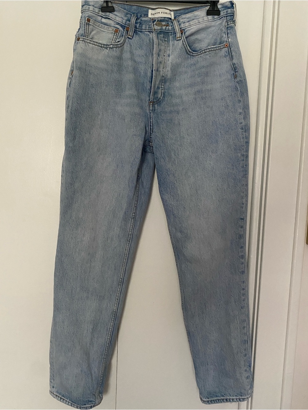 Denim Forum Light Wash High-Rise Boyfriend Distressed Straight Leg Jeans